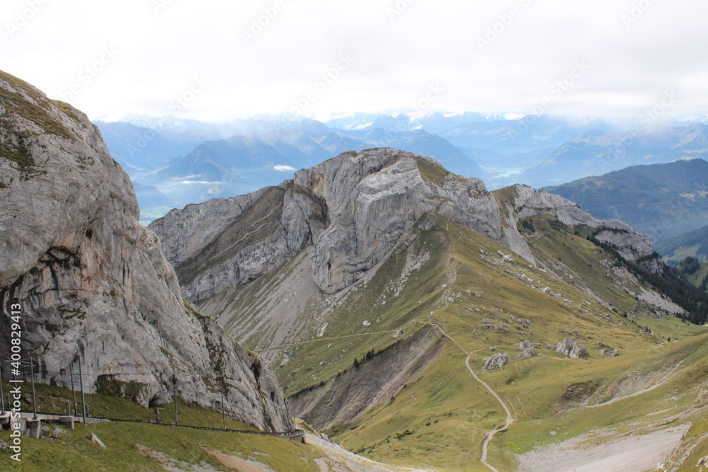 Relief in the mountains of Switzerland. Roads and paths in the mountains of Switzerland. Mountain landscape.