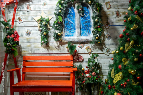 Christmas composition, merry Christmas, stylized house, Christmas tree, window