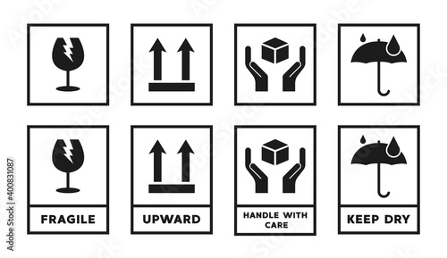 Fragile package signs set icons set vector