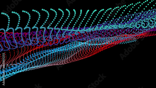 Node 3d data array. Dots organized to network data flow. Deep big surface nodes as mesh grid. Vector colorful background