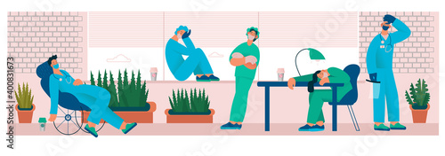 Tired overworked doctor or nurse in the office, drink coffee. Exhausted Healthcare worker. Coronavirus pandemic, Covid-19 quarantine. Flat cartoon vector illustration.