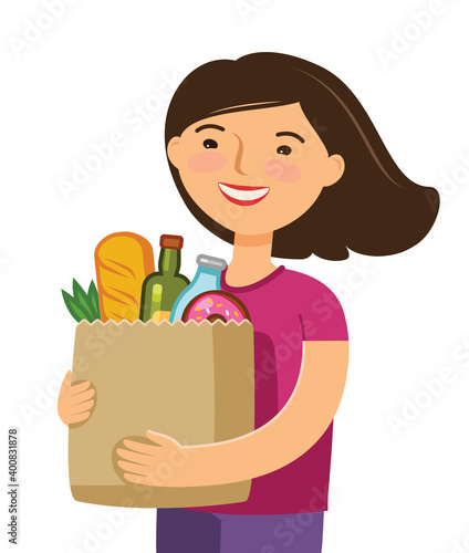 Sale of food. Girl holding paper bag with foodstuffs