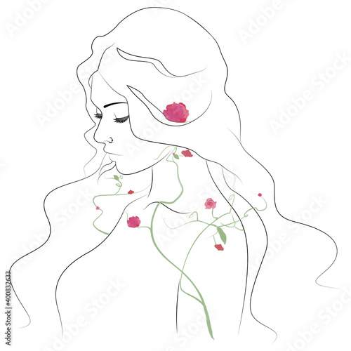 Art line flower woman. Minimalist lady print. Black and white girl line drawing vector. Minimalistic style. Botanical print.