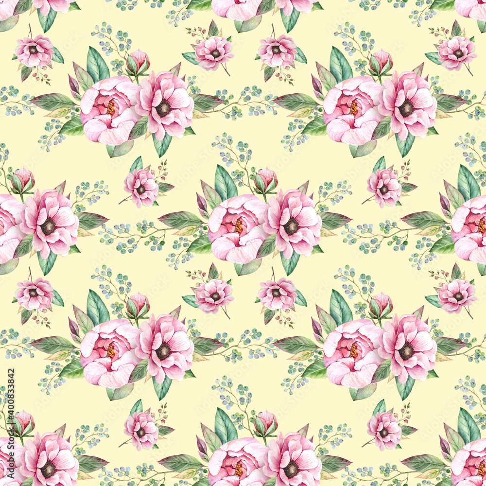 seamless pattern with delicate pink bouquets of flowers on a yellow background, illustration watercolor hand painted