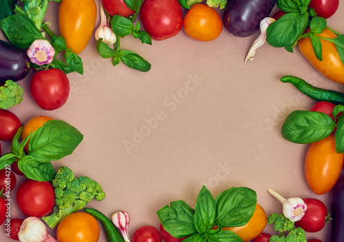 Flat lay composition with fresh vegetables.