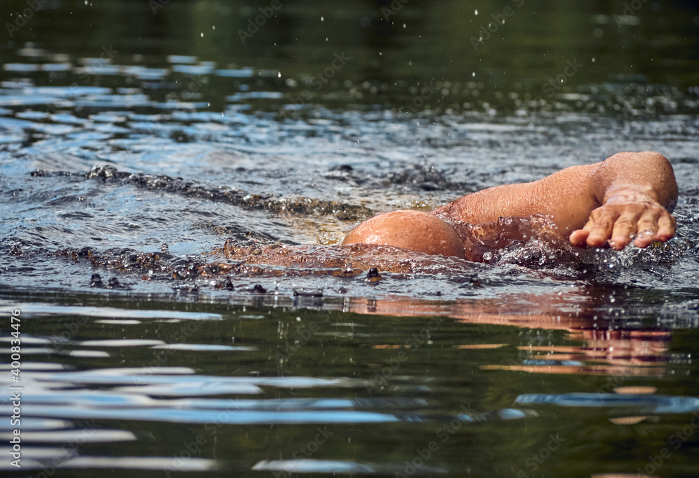 Obraz premium Man swims freestyle in open water on the river in summer