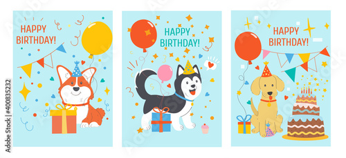 Stylish happy birthday celebrating cards with cute dogs. Vector greeting card with cute animals, print for factory textiles. Set of flat cartoon vector illustrations