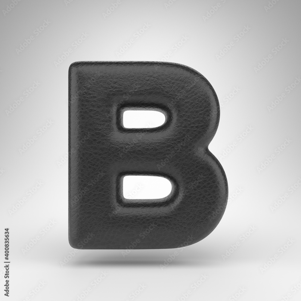 Letter B uppercase on white background. Black leather 3D letter with skin texture. Letter B uppercase on white background. Black leather 3D letter with skin texture.