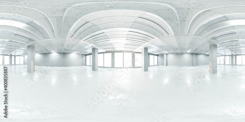 360 degree panorama of big modern white loft office room 3d render illustration