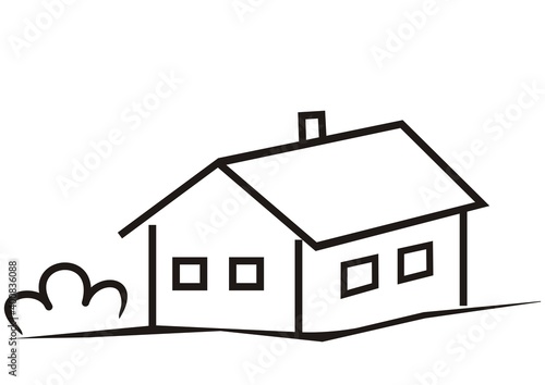 House and shrub, black icon, vector, sketch
