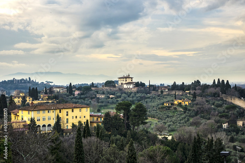 Fragment of the Florence city walls built during the medieval period. Medieval wall, built around the city of Florence, built six times to protect the city. Florence, Tuscany, Italy.