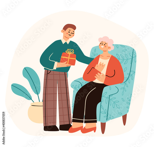 Grateful son giving his elderly mother a present. Vector illustration of an adorable scene in trendy cartoon style. Elements are isolated.