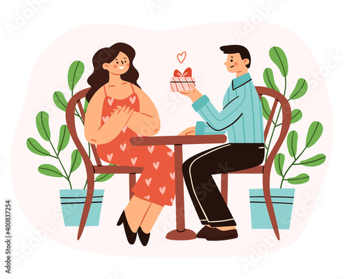 A man surprising his girlfriend or a spouse with a gift in a romantic cafe. Vector illustration of a cute scene in colorful cartoon style. Elements are isolated.