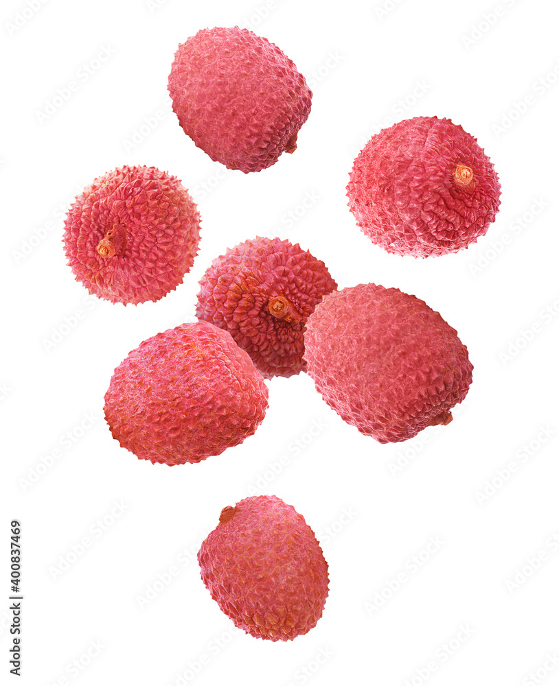 Set of falling delicious lychees on white background Set of falling delicious lychees on white background
