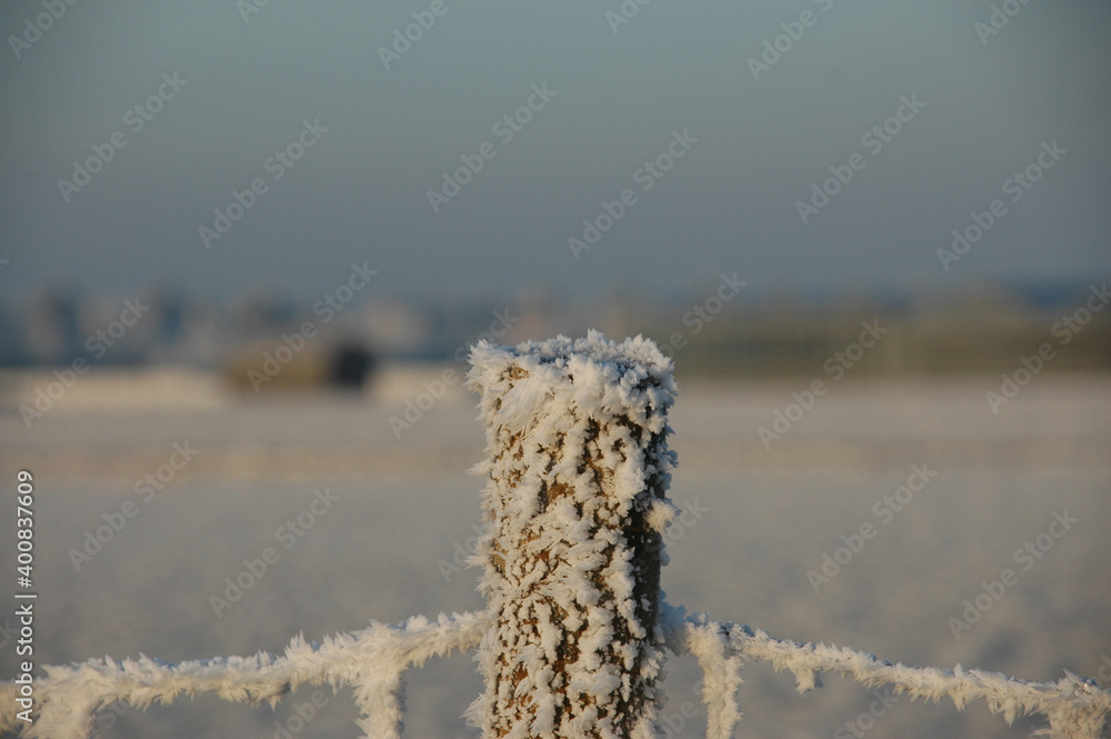 Wooden pole with wire covered with ice crystals
