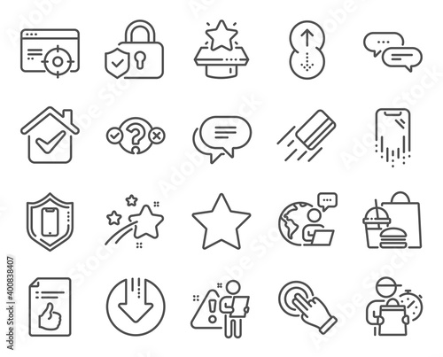 Technology icons set. Included icon as Approved document, Star, Quiz test signs. Credit card, Winner podium, Download arrow symbols. Dots message, Seo targeting, Text message. Swipe up. Vector