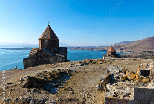 Scenic view of an old Sevanavank church in Sevan, on sunny day