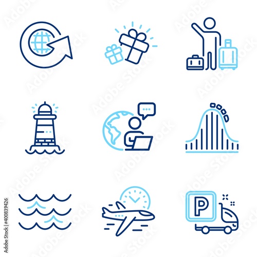Transportation icons set. Included icon as Flight time, Truck parking, World globe signs. Airport transfer, Gift, Waves symbols. Lighthouse, Roller coaster line icons. Line icons set. Vector