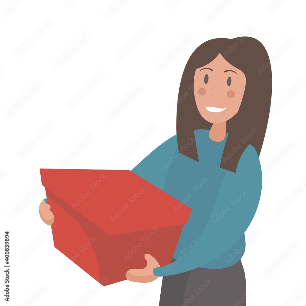 Cartoon brown-haired girl with a red box. Gift box. Vector illustration for website design or print. Cartoon brown-haired girl with a red box. Gift box. Vector illustration for website design or print.