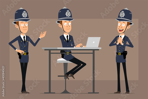 Cartoon flat funny british policeman character in blue helmet hat and uniform. Boy posing and working on laptop. Ready for animation. Isolated on brown background. Vector set.