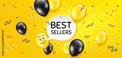 Best sellers. Balloon confetti vector background. Special offer price sign. Advertising discounts symbol. Birthday balloon background. Best sellers message. Celebrate yellow banner. Vector