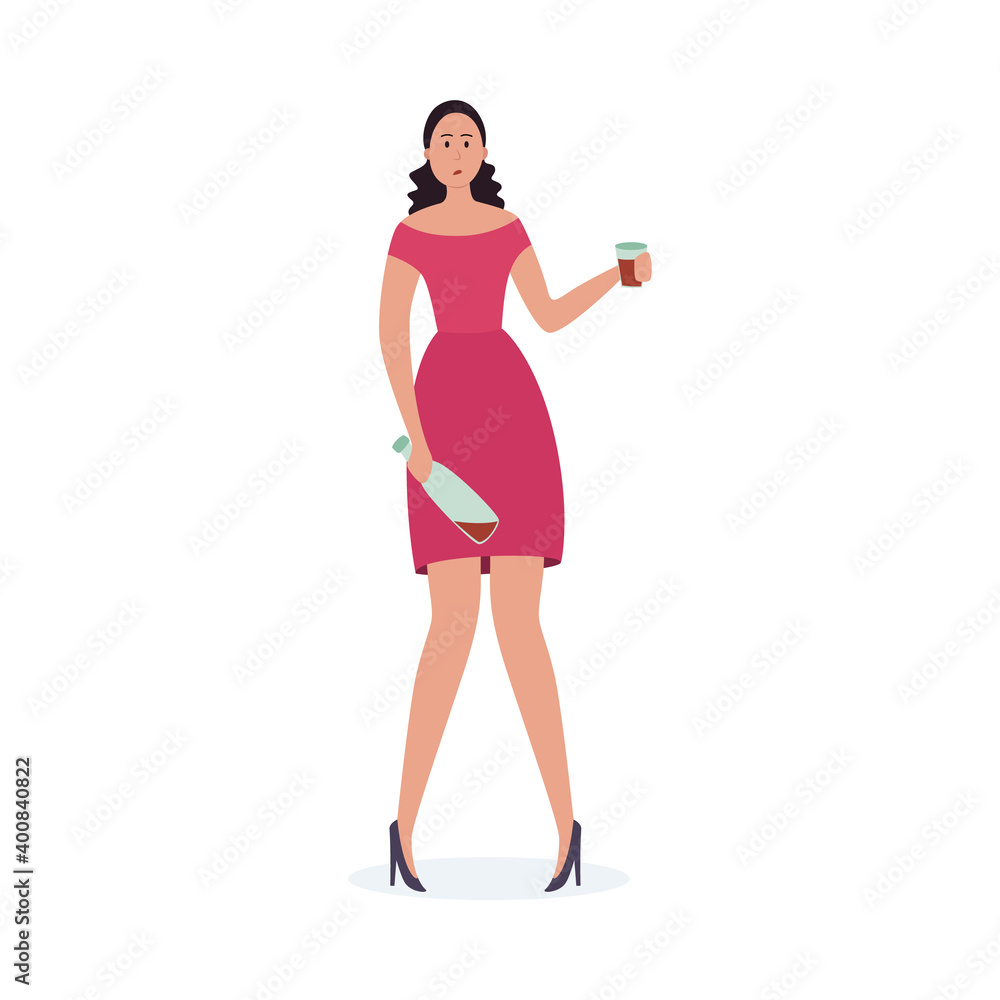 Drunk woman with alcohol problem holding wine bottle Drunk woman with alcohol problem holding wine bottle