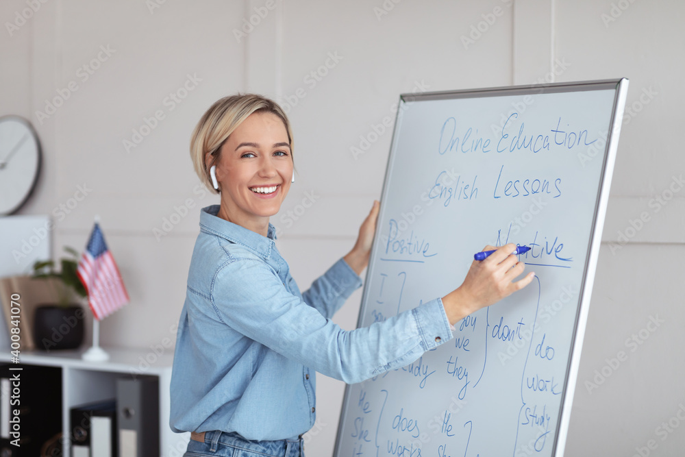 Young happy teacher giving online English lesson, standing near blackboard with grammar rules, looking at camera Young happy teacher giving online English lesson, standing near blackboard with grammar rules, looking at camera