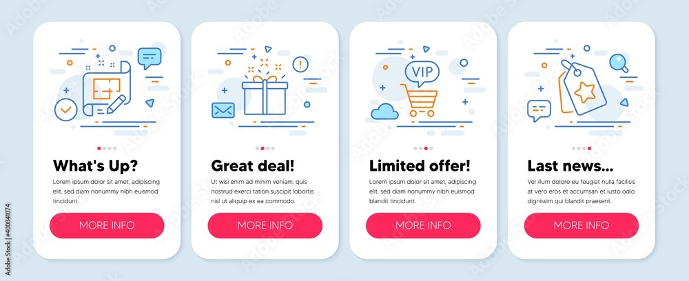 Set of Business icons, such as Architect plan, Special offer, Vip shopping symbols. Mobile screen banners. Loyalty tags line icons. Engineering plan, Delivery box, Exclusive privilege. Vector