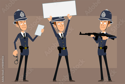 Cartoon flat funny british policeman character in blue helmet hat and uniform. Boy shooting from rifle and holding blank sign for text. Ready for animation. Isolated on brown background. Vector set.
