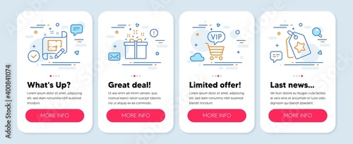 Set of Business icons, such as Architect plan, Special offer, Vip shopping symbols. Mobile screen banners. Loyalty tags line icons. Engineering plan, Delivery box, Exclusive privilege. Vector