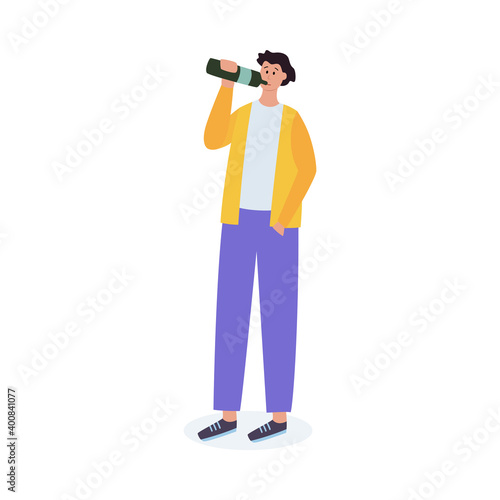 Alcohol addicted man drinking from bottle flat vector illustration isolated.