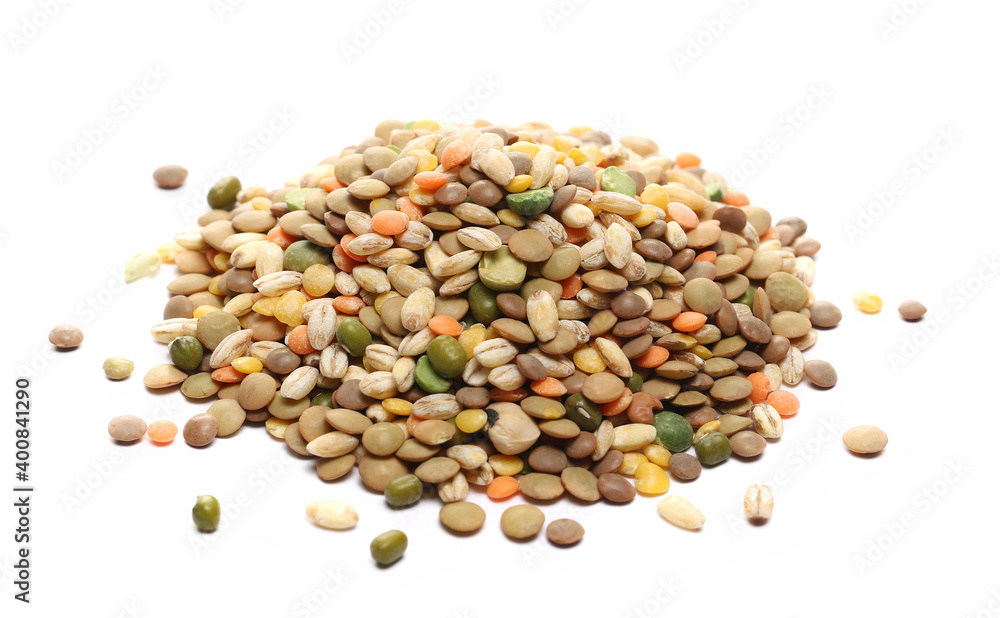 Mixed legumes and cereals, peeled barley, green, yellow and dark red lentil, half green peas, black white beans, green beans isolated on white background Mixed legumes and cereals, peeled barley, green, yellow and dark red lentil, half green peas, black white beans, green beans isolated on white background