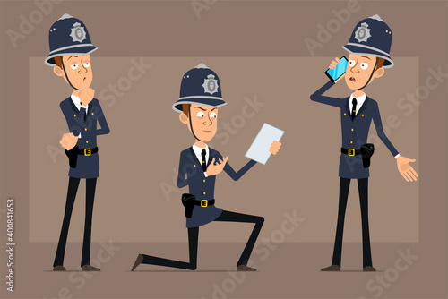 Cartoon flat funny british policeman character in blue helmet hat and uniform. Boy thinking, talking on phone and reading paper note. Ready for animation. Isolated on brown background. Vector set.