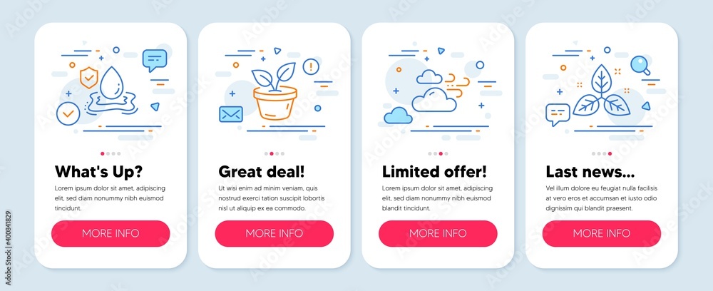 Set of Nature icons, such as Windy weather, Leaves, Flood insurance symbols. Mobile app mockup banners. Fair trade line icons. Cloud wind, Grow plant, Full coverage. Leaf. Windy weather icons. Vector Set of Nature icons, such as Windy weather, Leaves, Flood insurance symbols. Mobile app mockup banners. Fair trade line icons. Cloud wind, Grow plant, Full coverage. Leaf. Windy weather icons. Vector