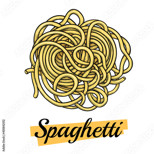 Spaghetti pasta or Oriental noodles. Traditional Italian or ramen. Hand-drawn style of engraving, ink, outline, in color. Vector illustration isolated on white.