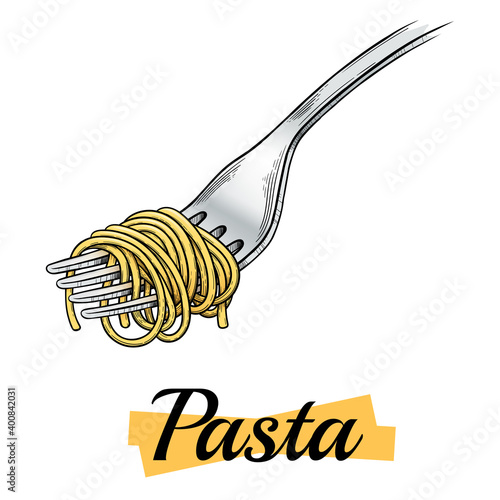 Italian pasta. Spaghetti on a fork. Vector vintage black illustration isolated on a white background. Engraving, outline, ink style, in color.
