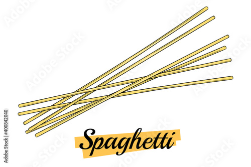 Raw spaghetti isolated on white background. Spaghetti pasta uncooked. Italian capellini pasta. Ingredient for preparing noodles. Home cooking concept. Vector illustration, engraving, , in color