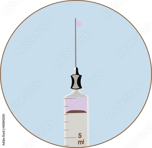 Medical syringe icon in flat style with pink medication inside. Isolated vector illustration.