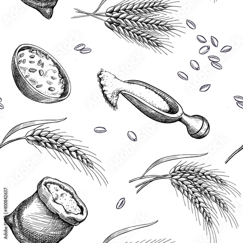 Wheat Barley hand drawn seamless pattern. Vector illustration in sketch style. Black and white engraving bakery background with grain, cereals and flour.