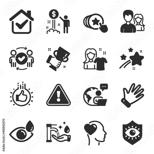 Set of People icons, such as Income money, Eye drops, Clean shirt symbols. Teamwork, Approved teamwork, Like hand signs. Friend, Eye protection, Winner cup. Hand, Hold heart, Washing hands. Vector © blankstock