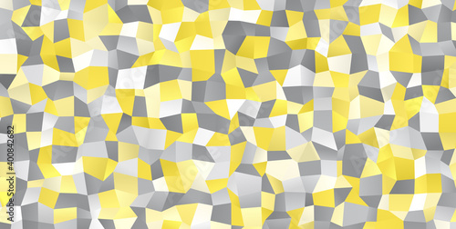 Illuminating Yellow and Ultimate Gray Random Polygonal Pattern Background. 2021 Color of the Year. Sparkling Irregular 3D Texture. Glowing Gradient Low Poly Surface. 