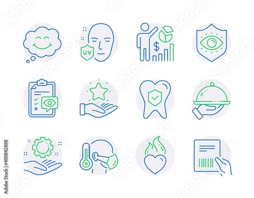 People icons set. Included icon as Dental insurance, Eye checklist, Smile signs. Uv protection, Loyalty program, Heart flame symbols. Eye protection, Sick man, Restaurant food line icons. Vector