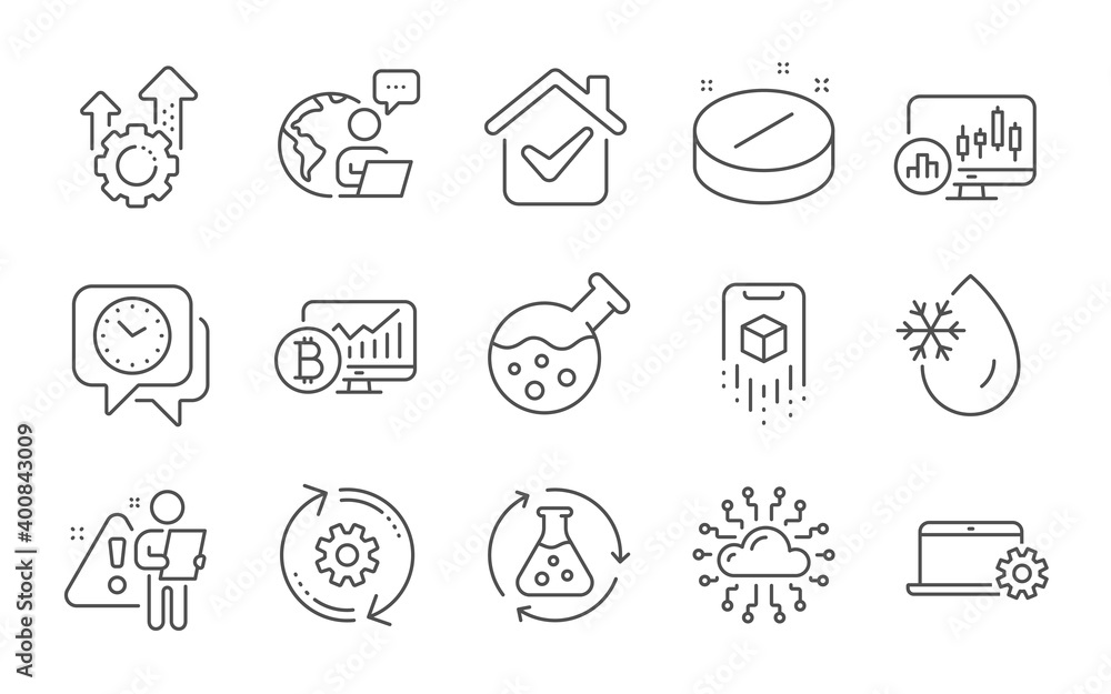 Cloud network, Chemistry experiment and Medical tablet line icons set. Notebook service, Clock and Candlestick chart signs. Freezing water, Bitcoin chart and Augmented reality symbols. Vector