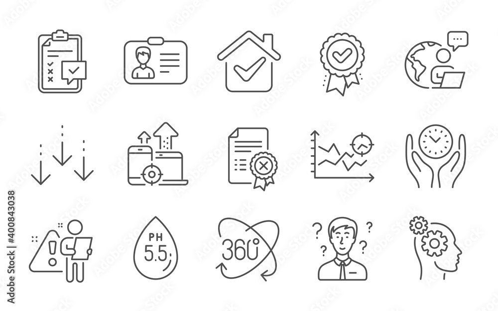 Ph neutral, Seo devices and Support consultant line icons set. Thoughts, Identification card and Safe time signs. Checklist, Reject certificate and Approved award symbols. Line icons set. Vector