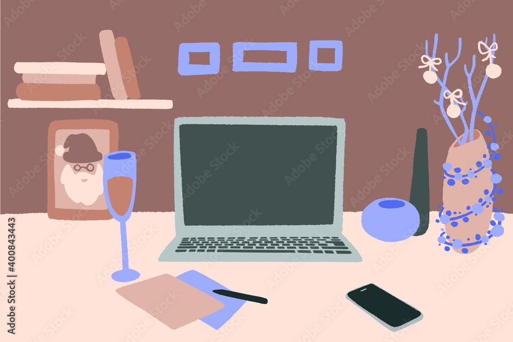 Modern workspace with computer desktop and accessories on table. 