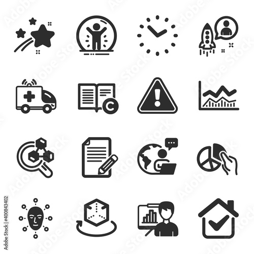 Set of Science icons, such as Augmented reality, Recovered person, Chemistry lab symbols. Copyright, Presentation board, Time signs. Ambulance car, Face biometrics, Startup. Article. Vector