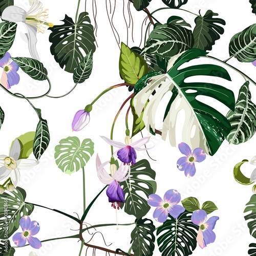 Tropical violet flowers and tropical leaves, light background. Seamless pattern. Jungle foliage illustration. Exotic plants. Summer beach floral design. Paradise nature.