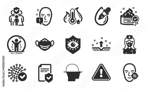 Face attention, Problem skin and Nurse icons simple set. Clean skin, Eye drops and Coronavirus signs. Eye protection, Face scanning and Medical mask symbols. Flat icons set. Vector