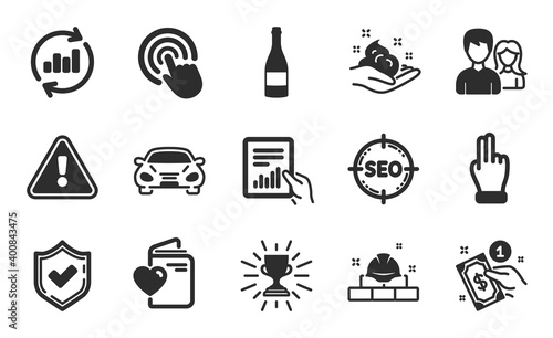 Document, Teamwork and Click icons simple set. Love document, Trophy and Click hand signs. Update data, Confirmed and Skin care symbols. Payment method, Construction bricks and Car. Vector