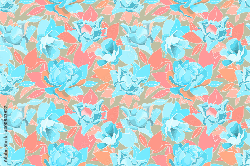 Vector floral pattern. Seamless flower background. Blue roses, pink, orange and blue leaves isolated on a beige background. Vector floral pattern. Seamless flower background. Blue roses, pink, orange and blue leaves isolated on a beige background.